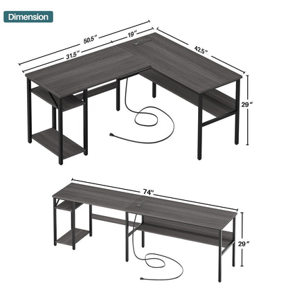 Unikito Reversible L Shaped Desk with Magic Power Outlets and USB Charging Ports, Sturdy Corner Computer Desk with Storage Shelves, Gaming Table Home Office Desk, Easy to Assemble, Enoch Walnut