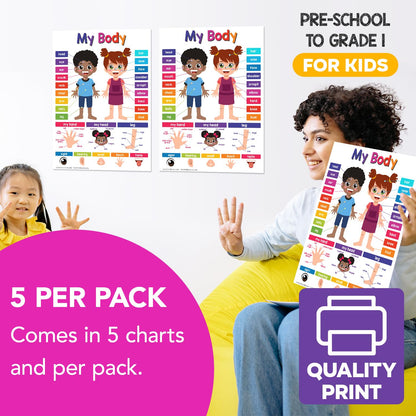 Educational Charts for Preschool to Grade 1 – Bright and Colorful Educational Visual / Learning Aid Wall Art Poster for Classroom or Home | Glossy Durable Cardstock | 8.5" x 11" | 5 per Pack (My Body)