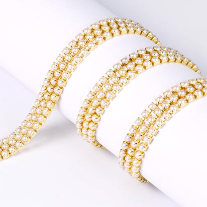 Pearl Trim Close Chain, [10 Yards/ 3.0MM] Gold Pearl Beaded Cup Chain Applique Trim for Sewing Crafts DIY Jewelry Making Clothing Wedding Party Decoration