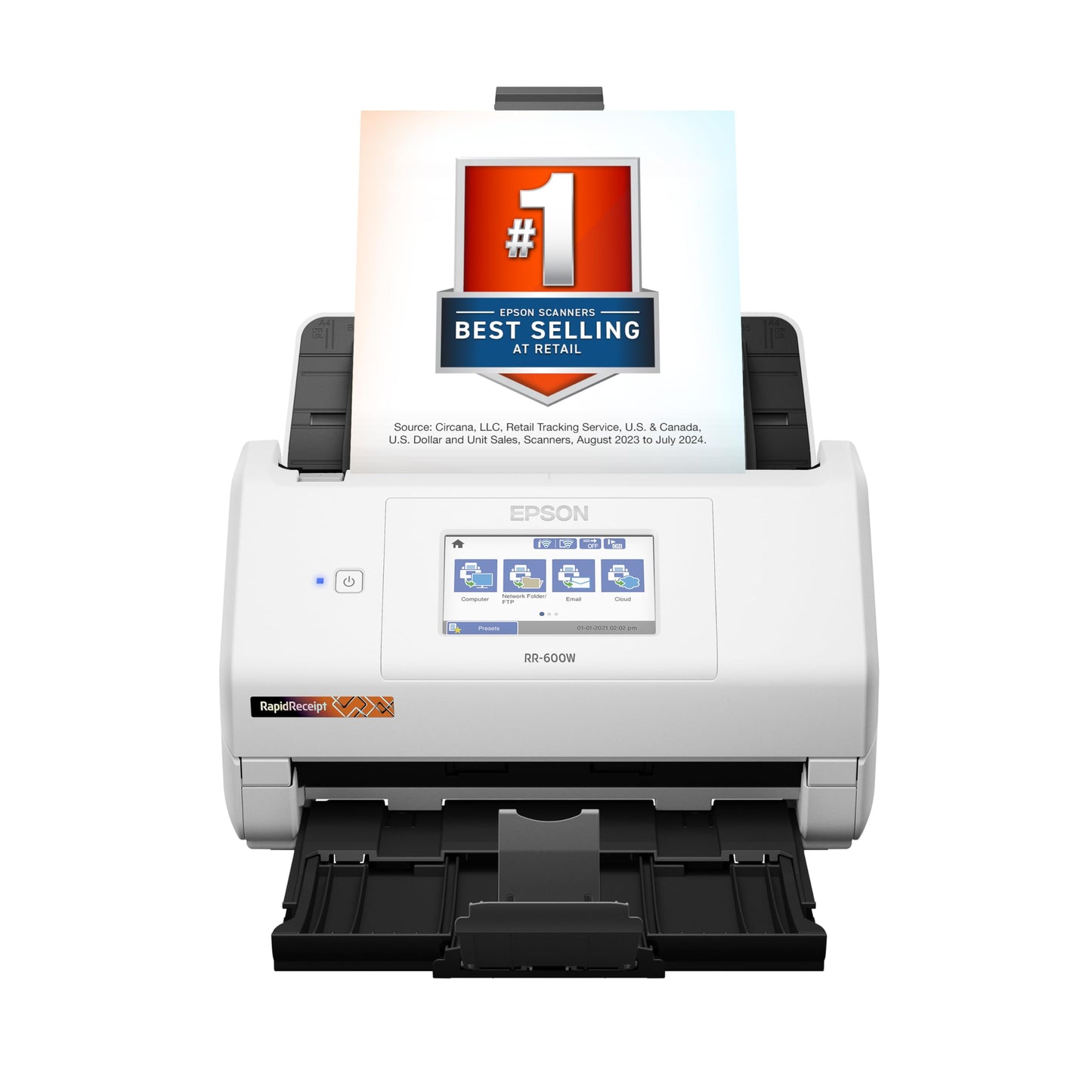 Epson RapidReceipt RR-600W Wireless Desktop Color 2-Sided Document & Tax Receipt Scanner with ScanSmart AI PRO Data Management Software for PC & Mac Touchscreen & 100-Page Auto Document Feeder