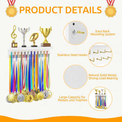 D.S.Exthefic Medal Hanger Display and Trophy Shelf Organizer, Wooden Wall Mount Ribbon Holder with 25 Steel Hooks, Race Awards Storage Rack Stand for Sports Enthusiasts, White with Golden Peg