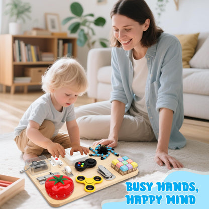 Wooden Busy Board Fidget Pad for Kids Adults, Musical Fidget Spinner for Stress Relief, 11 in 1 Sensory Fidget Toys for Travel, Preschool Learning Activities Fine Moto