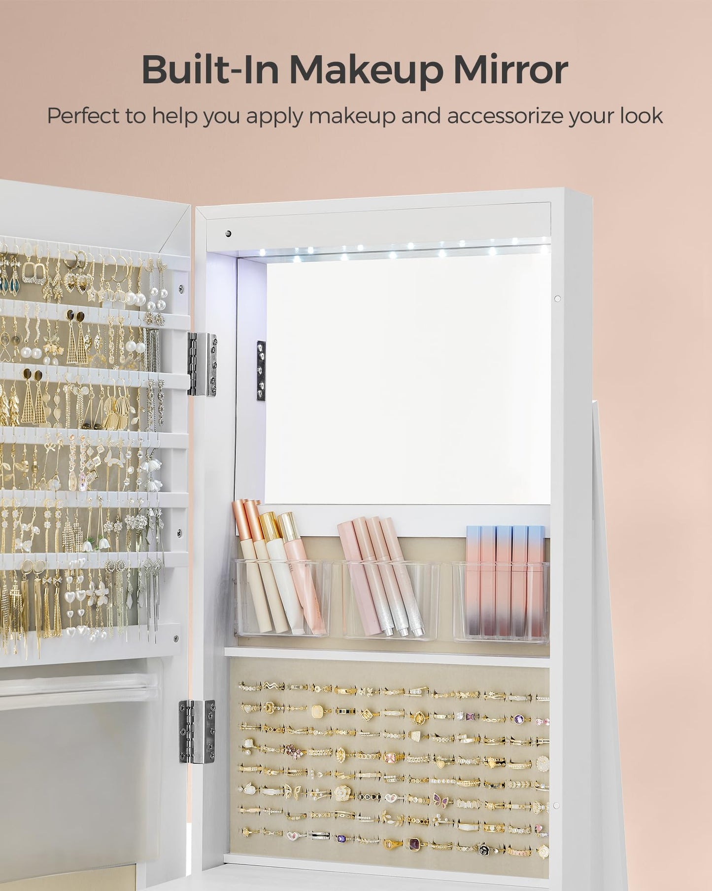 SONGMICS 6 LEDs Lockable Mirror Jewelry Cabinet, 360° Swivel Jewelry Organizer Armoire Standing, Frameless Full-Length Mirror, 3 Storage Shelves, White Surface, Greige Lining UJJC007W02V1