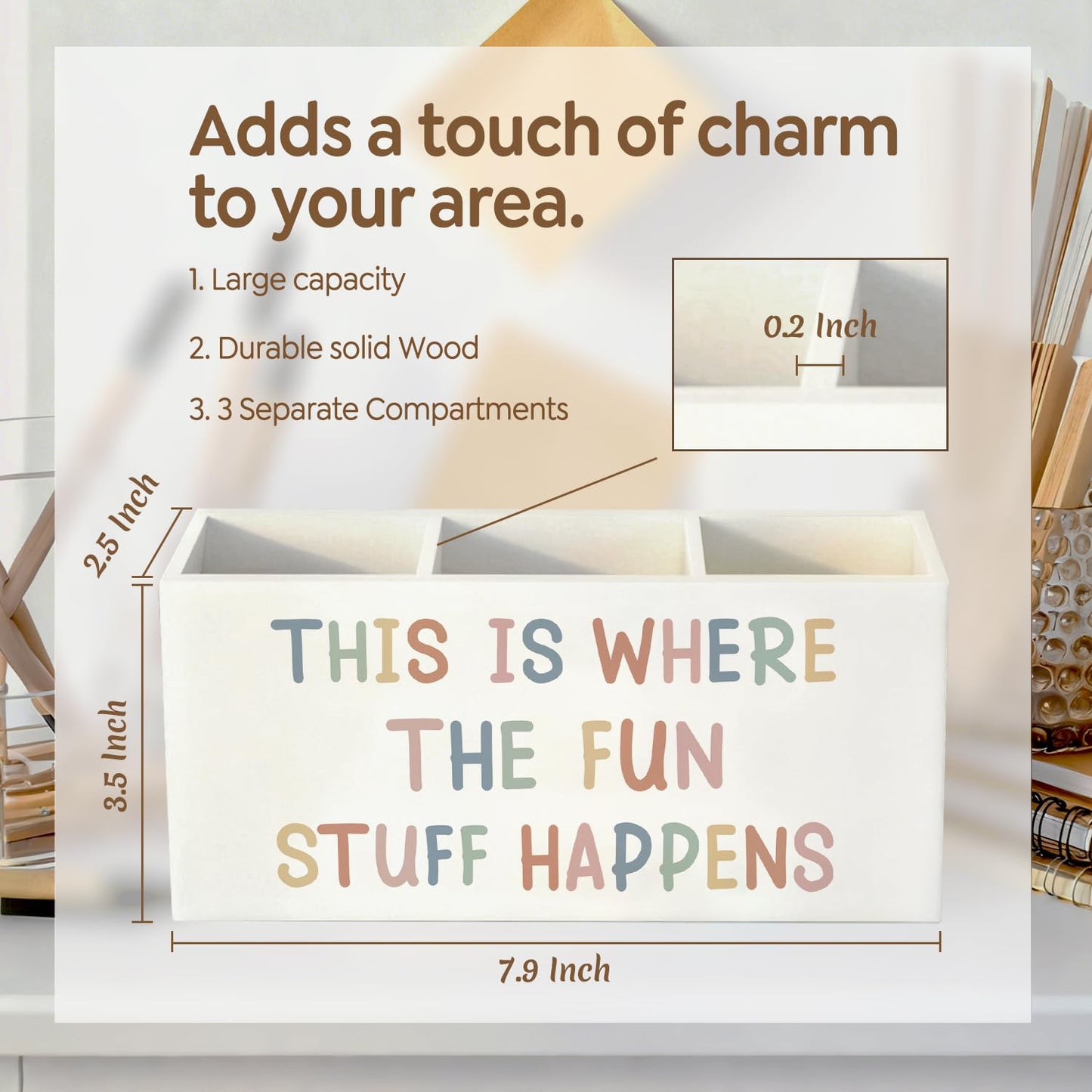 ELMCH Boho Classroom Pen Pencil Holder for Kids, Boho Playroom Wood Desk Organizer and Accessories, This Is Where the Fun Stuff Happens Pen Holder Desk Organizer for Kids Classroom Playroom Tabletop