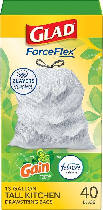 Glad ForceFlex Tall Kitchen Trash Bags, 13 Gallon, Gain Original