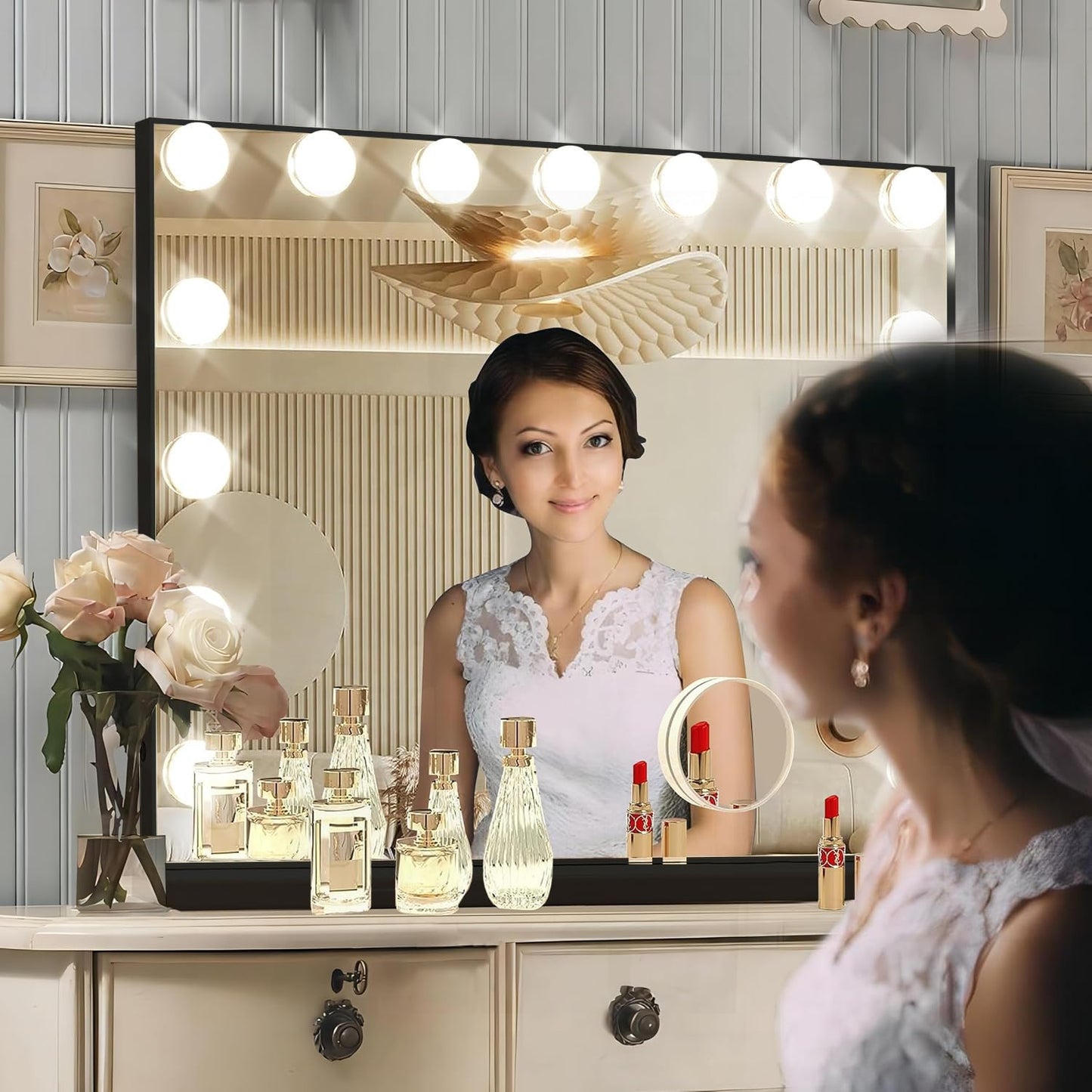 Hollywood Vanity Mirror with Lights, 15 Dimmable Bulbs, 3 Color Lights,Make Up Lighted Mirror, Aluminum Metal Frame, USB Charging Port（23" x 18"）