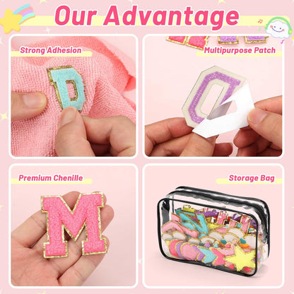 Iron on Chenille Letters Patches, 72 Pcs Self Adhesive Patches Alphabets 2.2 Inch Sew on Patches Varsity Initial Fabric Stickers Fuzzy Towel Embroidered Patches for Clothing Caps