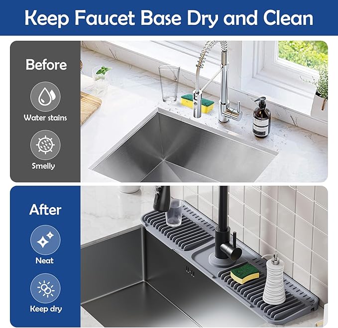 24"Longer Silicone Faucet Mat For Kitchen Sink Splash Guard -7° Slope Snap