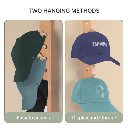 Onzbala Solid Wood Hat Rack for Wall (2 Pack) - 20 Baseball Cap Organizer - Premium Beech Hat Holder & Vertical Display - Heavy Duty Hat Hangers for Closet, Door, Mens Room Decor (Natural)