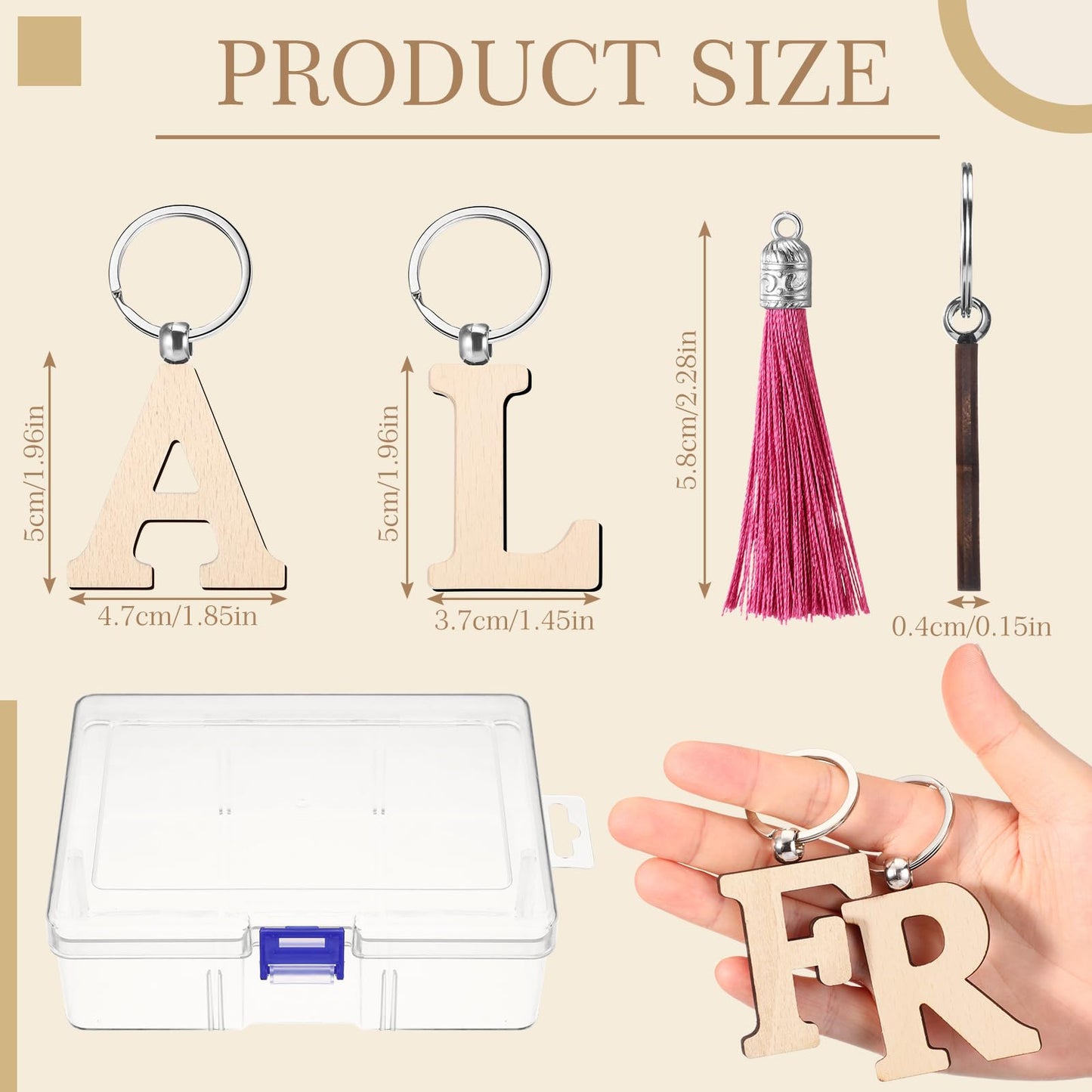 Tondiamo 52 Pcs Personalized Letter Keychain Wood Engraving Blanks Keyring Name Keychain with Tassel Container for DIY Craft