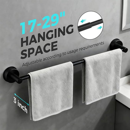 Adjustable Suction Cup Towel Bar for Bathroom Wall,17 Inch~29 Inch Towel Racks for Bathroom,Stainless Steel Bath Towel Holder for Shower,2 Pack(Matte Black)