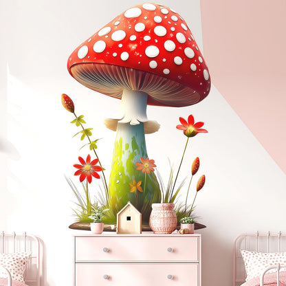 Cute Red Mushroom Wall Decals with Flowers and Grass, Peel and Stick Wall Stickers for Kids Room Nursery Baby Bedroom Playroom, Whimsical Forest Themed Wall Art Decor for Toddler Boys Girls