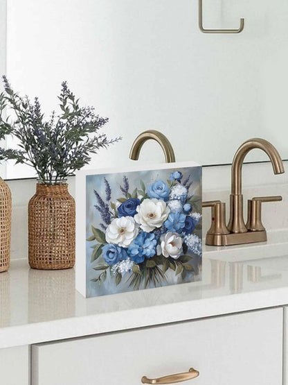RisQiten Blue Spring Floral Home Room Office Decor Wooden Box Sign, Square Decorative Signs Plaques, Modern Art Flowers Pastoral Desk Decor Wood Block Plaque Shelf Table Decorations Gifts 6"x6"