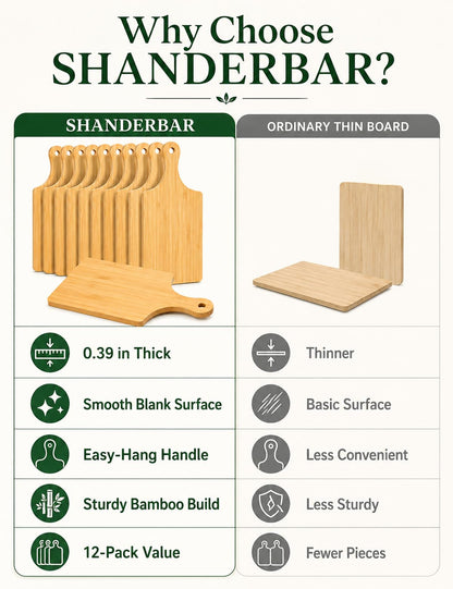 12 Pcs Thicken Bamboo Wooden Cutting Board with Handle,11x5 Inch Hanging Charcuterie Boards Unfinished Wood Cutting Board Blanks Bulk for Crafts,Laser Engraving Wedding Mother's Day Housewarming Gift