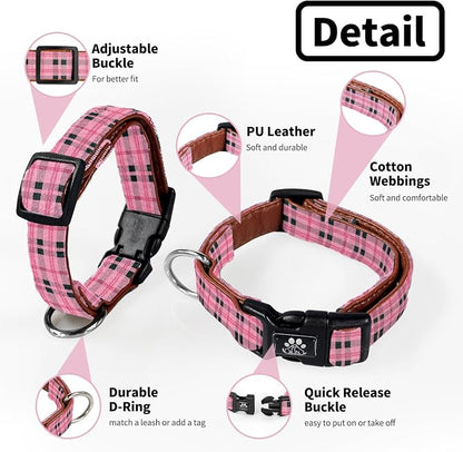 NESTROAD Dog Collar and Leash Set,Soft Neoprene Pet Collar with Quick Release Buckle,Adjustable Nylon Dog Collars for Small Medium Large Dogs(Large,Cherecked Pink)
