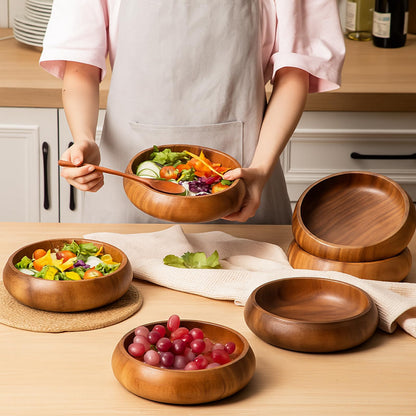 Honeydak 6 Pcs 7.87 Inches Acacia Wooden Bowls Calabash Salad Bowls Round Wood Hand Carved Dip Tray for Serving Popcorn Pasta Dessert Coconut Nuts Sauce Appetizers