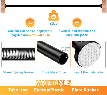 MEXAU Black Tension Curtain Rod 40-148 Inch Long Tension Rod 1.26" Spring Tension Curtain Rod Adjustable Curtain Rods No Drilling Tension Shower Rod Curtain Tension Rod for Bathroom Windows Doorways