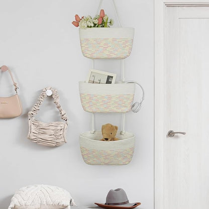 TeoKJ 3-Tier Woven Cotton Wall-Mounted Hanging Storage Baskets, Over the Door