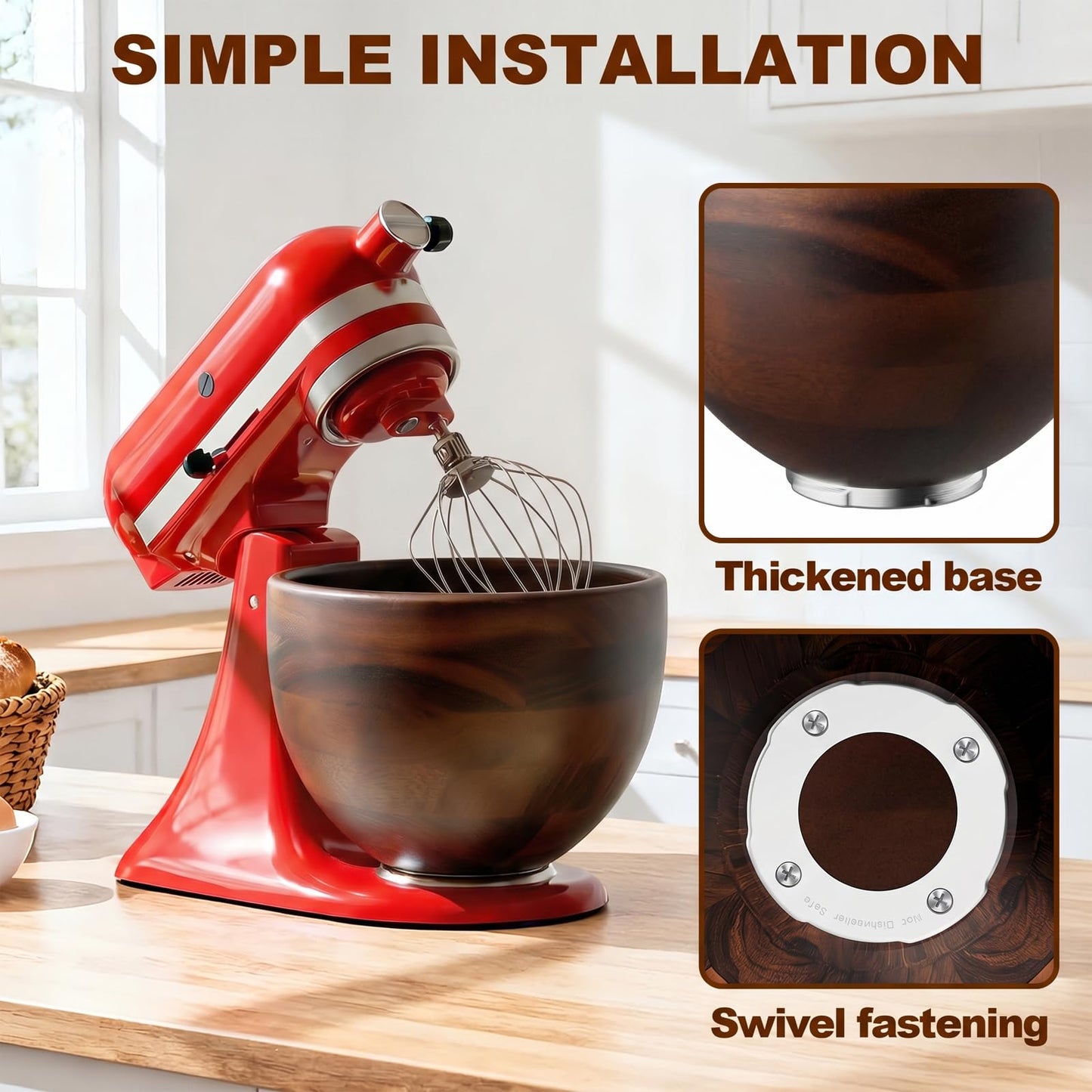 Cofun Premium Wood Mixing Bowl, Compatible with 4.5-5 Qt Tilt-Head Stand Mixers, Natural True Wooden Bowls, 5 Qt Kitchen Aid Bowls for Mixer with Stainless Steel Locking Base