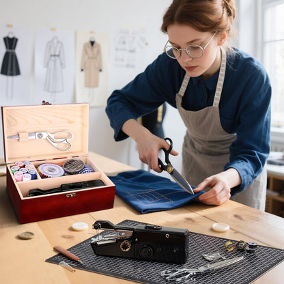 Hand Held Sewing Machine, with Red Wooden Sewing Box and 143 PCS Sewing Kit, Mini Portable Handheld Sewing Machine for Adults and Beginners, with a Power Adapter and Heavy-Duty Scissors