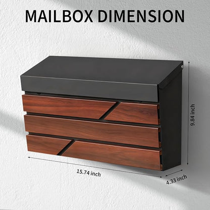 Wall Mount Mailbox for House Outside, Large Capacity Mailbox Drop Box, Galvanized Steel and Rust-Proof Metal Post Box, 15.74"x9.84"x4.33", Wood