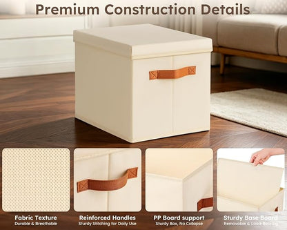 Homsorout Storage Bins with Lids - Fabric Storage Baskets for Shelves, 4 Pack Foldable Decorative Boxes with Handles, Stackable Organizer Bins for Home, Nursery, Dorm, Beige