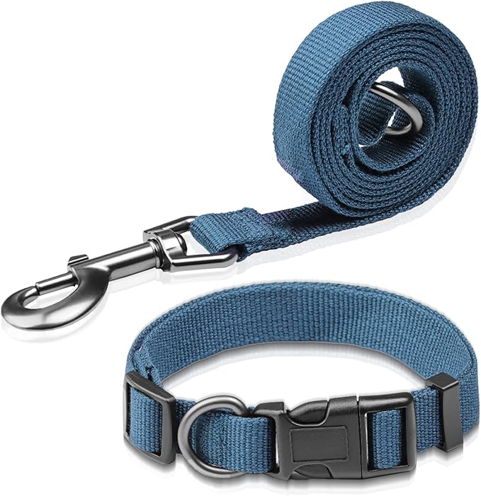 Peacock Blue Dog Collar and Leash Set for Small Dogs Soft and Breathable of 90% Rayon from Bamboo and 10% Polyester Comfortable Skin-Friendly, Adjustable Leash Set with Quick Release Buckle