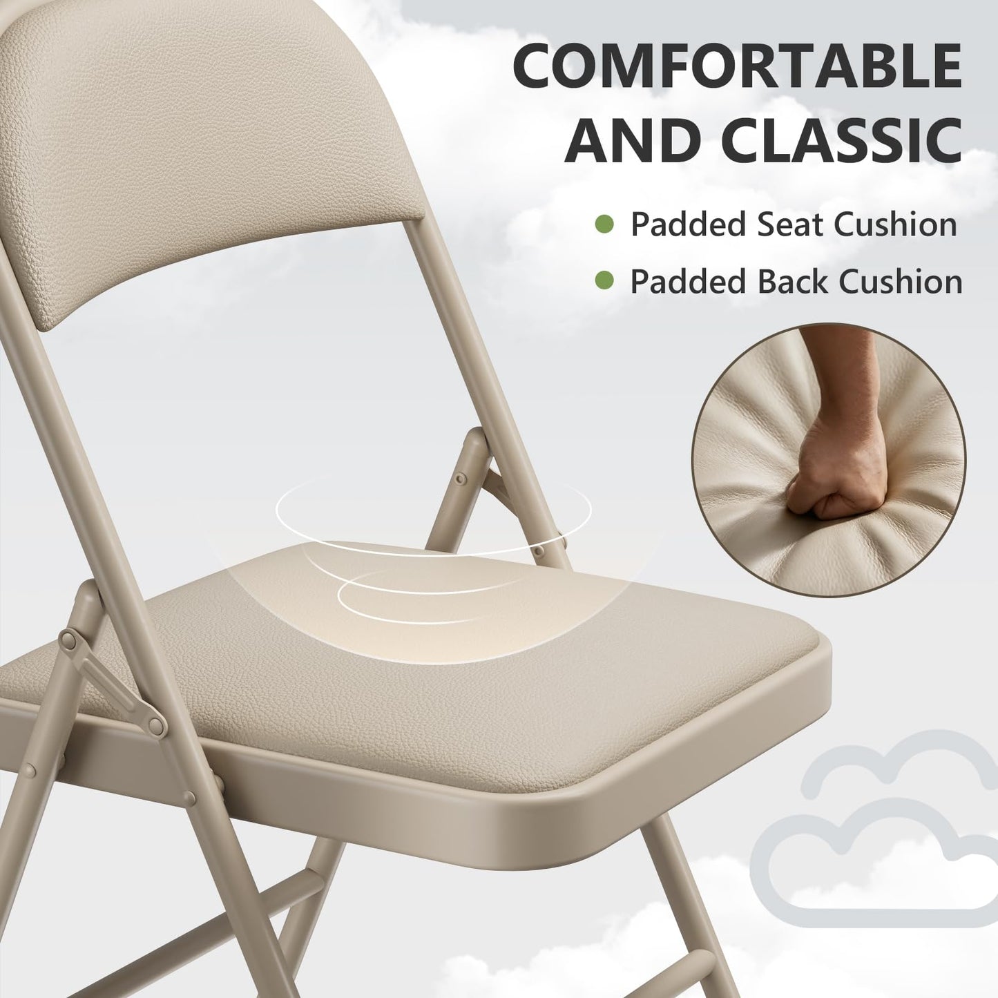 FurniEdge Padded Folding Chairs 2 Pack, PU Leather Folding Chairs for Outside and Indoor, Heavy Duty Portable Foldable Metal Chairs for Home Office, Dorm, Party, Backyard, Patio, Khaki
