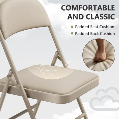 FurniEdge Padded Folding Chairs 2 Pack, PU Leather Folding Chairs for Outside and Indoor, Heavy Duty Portable Foldable Metal Chairs for Home Office, Dorm, Party, Backyard, Patio, Khaki