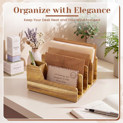 Novabright Acacia Wood Mail Organizer with Pen Holder, 5 Slot Desk File Organizer, Wooden Letter Sorter for Desk, Compact Desktop Document Holder for Home Office Storage