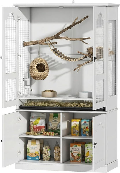 Large Bird Cage with Adjustable Storage Cabinet, White Flight Parakeet Parrot Cage with Pull-Out Tray and 3-Side Iron Mesh Design, DIY-Friendly, Tall Wide Bird Cages for Cockatiels, Finches