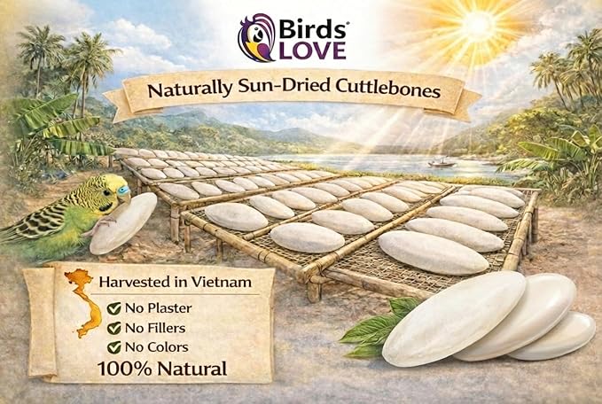 Birds LOVE 5.5-6″ Cuttlebone for Birds – 100% Natural Sun-Dried Calcium & Beak Conditioning Supplement for Parakeets, Budgies, Cockatiels, Finches & Canaries – 6 Pack with Holder – Made in Vietnam