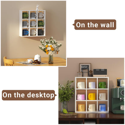 Helsin 9 Grid Vintage Coffee Mug Display Rack, 16inch Wall Mounted Wooden Curio Shadow Box Shelf, Cup Floating Shelves Display and Organizer (White)