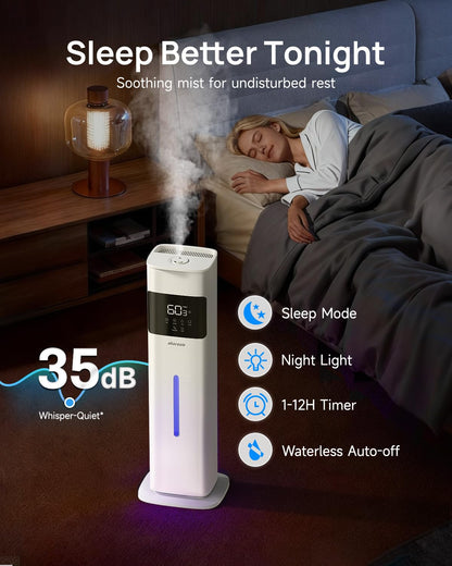 Akacozie Warm & Cool Mist Humidifiers for Bedroom 500 sq ft, 2.1Gal/8L Top-Fill Humidifier Large Room with Essential Oil Diffuser, Large Room Humidifiers for Home Baby Nursery Office Plants, White
