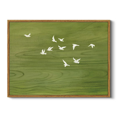 Peaceful Landscape 12x16 Zen Framed Canvas Wall Art, Abstract Minimalist Green Nature Print with Flying White Birds Painting, Modern Bedroom Office Home Farmhouse Calming Spaces Decor