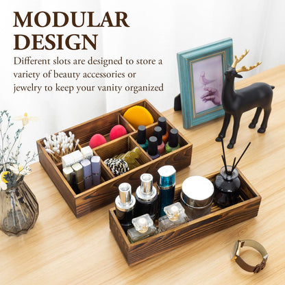 MyGift Counter Storage Organizer, 2 Tier Rustic Burnt Solid Wood Stackable Modular Vanity Countertop Storage Organizer Trays, Decorative Bathroom Makeup Cosmetic Box, 2 Piece Set
