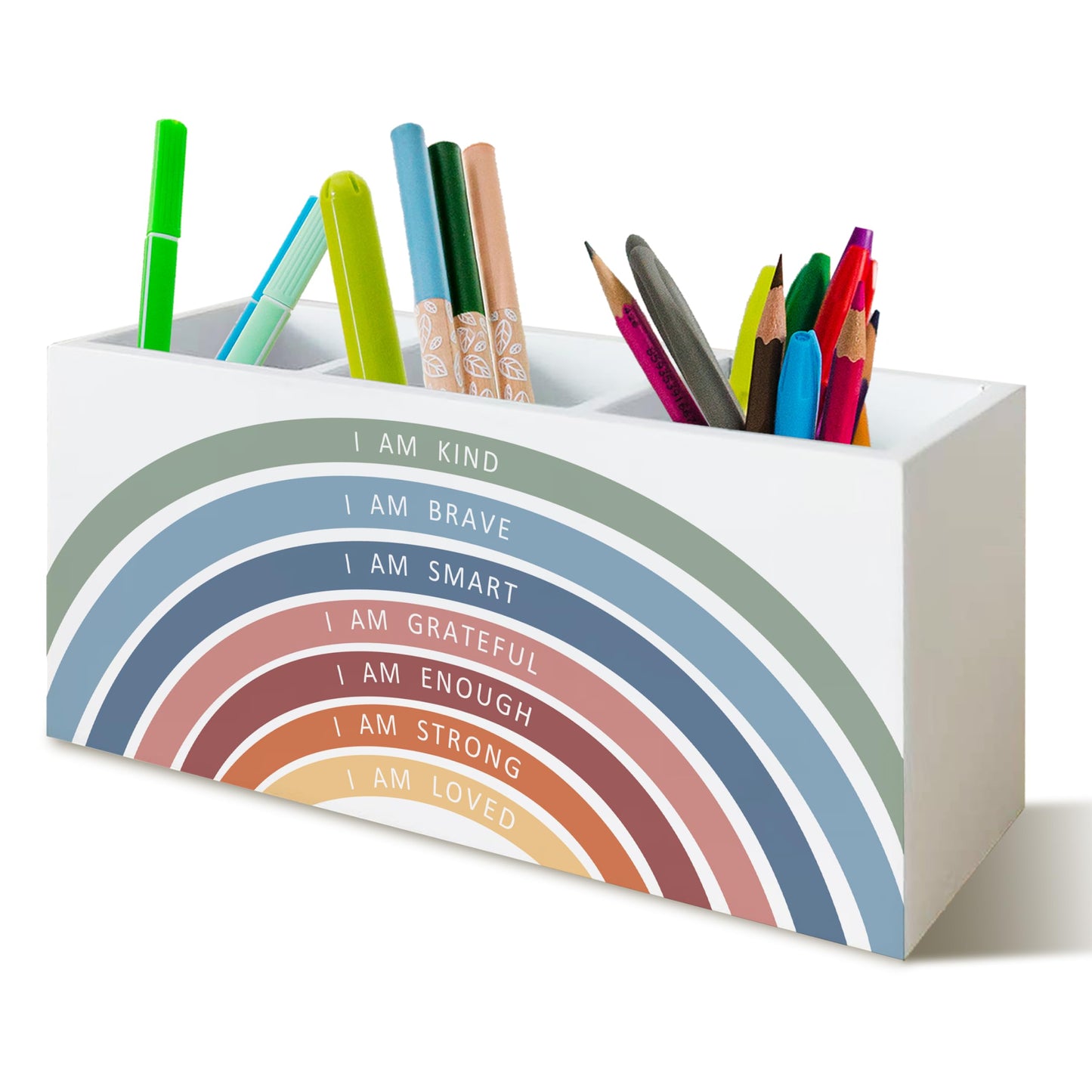YTRGI Boho Rainbow Teacher Classroom Decor Wooden Pen Pencil Holder for School Classroom Office Desk, Back to School Supplies for Teachers, Inspirational Teachers Gifts