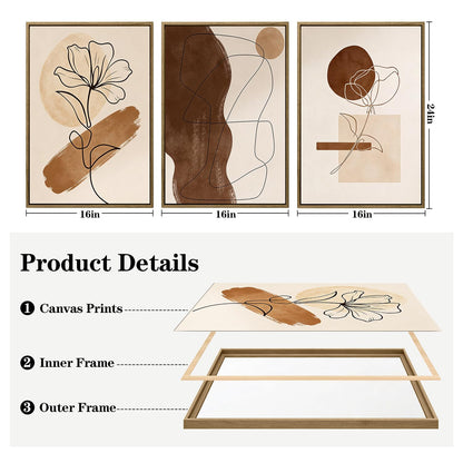 3Pcs Large Framed Botanical Canvas Wall Art, Modern Neutral Plant Abstract Canvas Prints, Minimalist Nature Wall Decor, Large Wall Art for Living Room Bedroom Office Farmhouse Decor 16 * 24in
