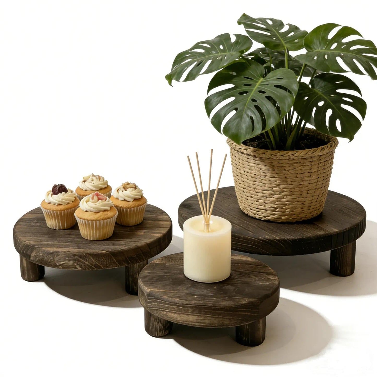 6"/8"/10" 3pcs Unfinished Rustic Wood Stands - Wooden Round Riser - Plant Risers Stand for Decor Display