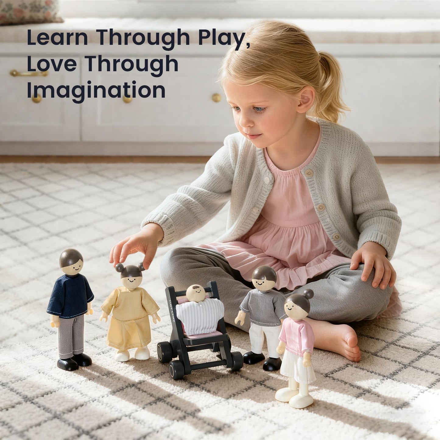 Tiny Land Wooden Dollhouse People Set, 5-Piece Poseable Wooden Doll Family with Dad, Mom, Brother, Sister, Baby and Stroller, Dollhouse Accessories Toy Pretend Play Gift for Kids Ages 3+