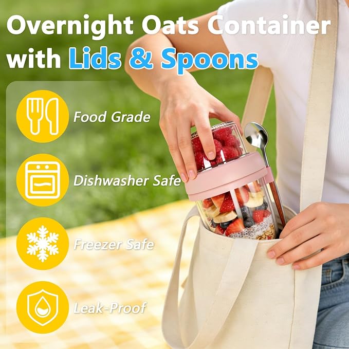 4 Pack Overnight Oats Containers with Lids and Spoons, 20oz Dual-Layer Overnight Oats Jars with Dry and Wet Separation, Thick Glass Mason Jars for Yogurt Dressings Salad & Snacks