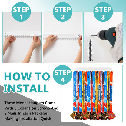 Geetery 4 2/4 Pack Medal Hanger Display with 20 Hooks Each, Steel Wall Mount Medal Holder Rack Holds 60+ Awards for Marathon Running Soccer Wrestling Gymnastics Swimming, Easy to Install (White)