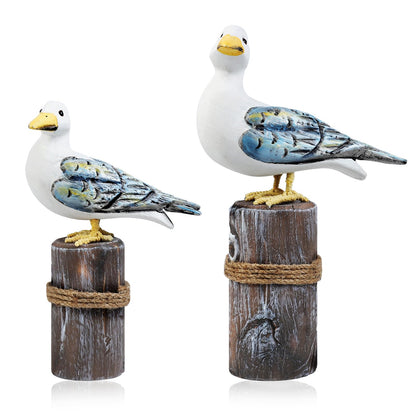 Meching 2Pcs Wooden Seagull Figurine on Piling Mediterranean Style Sea Bird Statue Craft Standing Seagull Decorations for Home Indoor Decor Living Room Kitchen Beach Party Bedroom Office Accessories