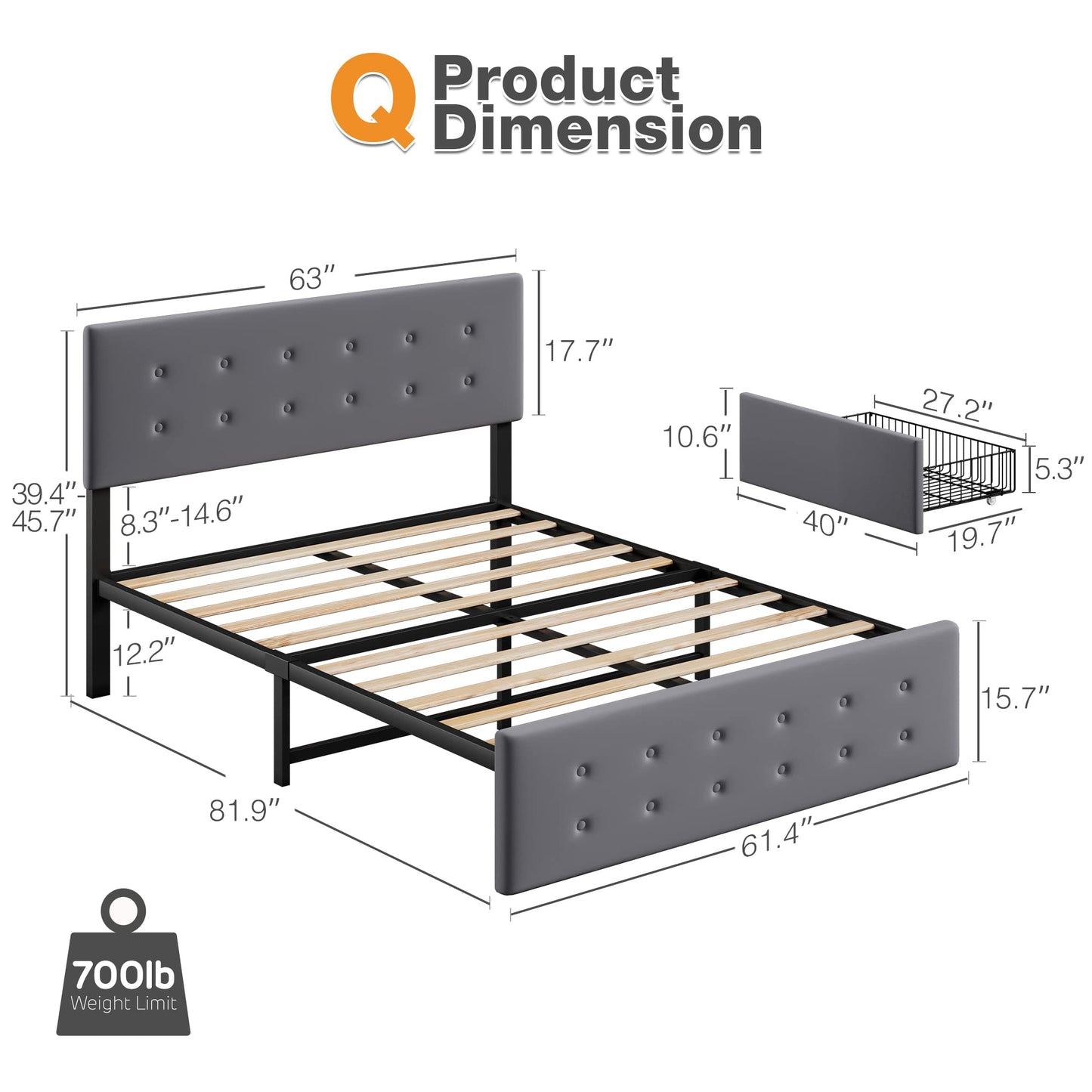 GAOMON Queen Bed Frame with 4 Storage Drawers and Adjustable Headboard, Grey Bed Frame Queen Size Platform Bed Frame with Large Storage and Wooden Slats Support, No Box Spring Needed, Noise-Free