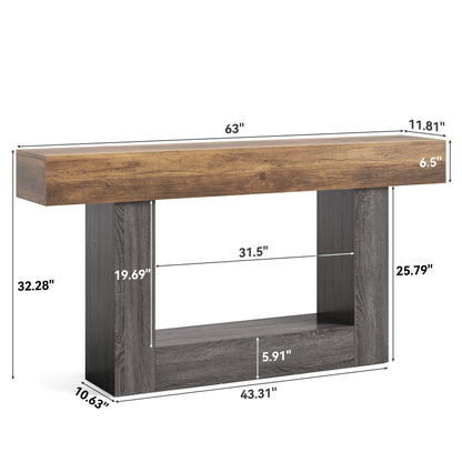 LITTLE TREE 63 Inches Long Console Table, 2-Tier Farmhouse Sofa Table Behind Couch, Large Narrow Entryway Table for Living Room, Wooden Hallway Foyer Table with Heavy Duty Base, Rustic Brown and Grey