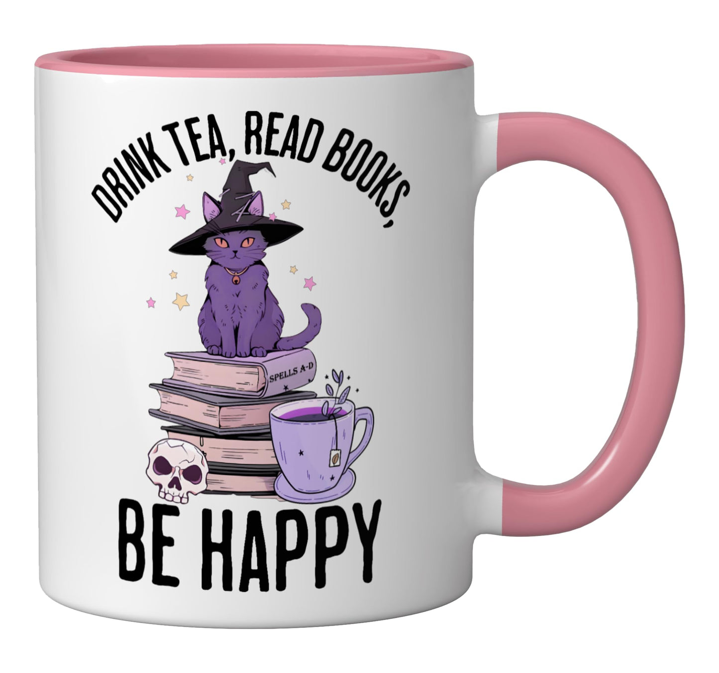 Drink Tea Read Books Be Happy Whimsigoth Halloween design Ceramic Mug, Pink/White