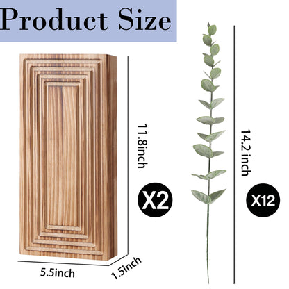 FancyPlus Wooden Wall Planter Vase, 2 Pack Brown Wood Hanging Vases with Fake Eucalyptus for Indoor Modern Boho Farmhouse Wall Art Decor for Home Indoor Kitchen Modern Farmhouse Bathroom