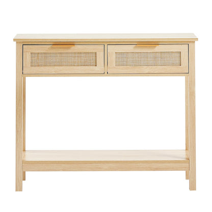 VEVOR Rattan Console Table with 2 Storage Drawers, Rattan Entryway Table with Natural Rattan Sliding Door, Console Sofa Table for Living Room, Study, Entryway Or TV Wall, Natural