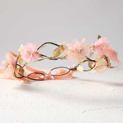 KorViSHOW Pink Flower Crown Headband - Floral Headband for Women Floral Girl Headpiece Fairy Flower Renaissance Hair Accessory for Girls Women Birthday Wedding Party Photo Props