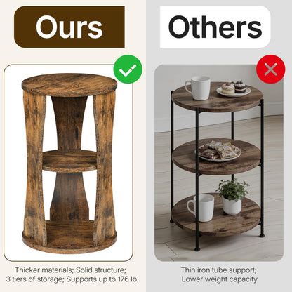 YATINEY Round Side Table, 3-Tier Wooden End Table with Storage Shelves, Drink Table for Small Spaces, Martini Table for Living Room, Bedroom, Rustic Brown ET15WL
